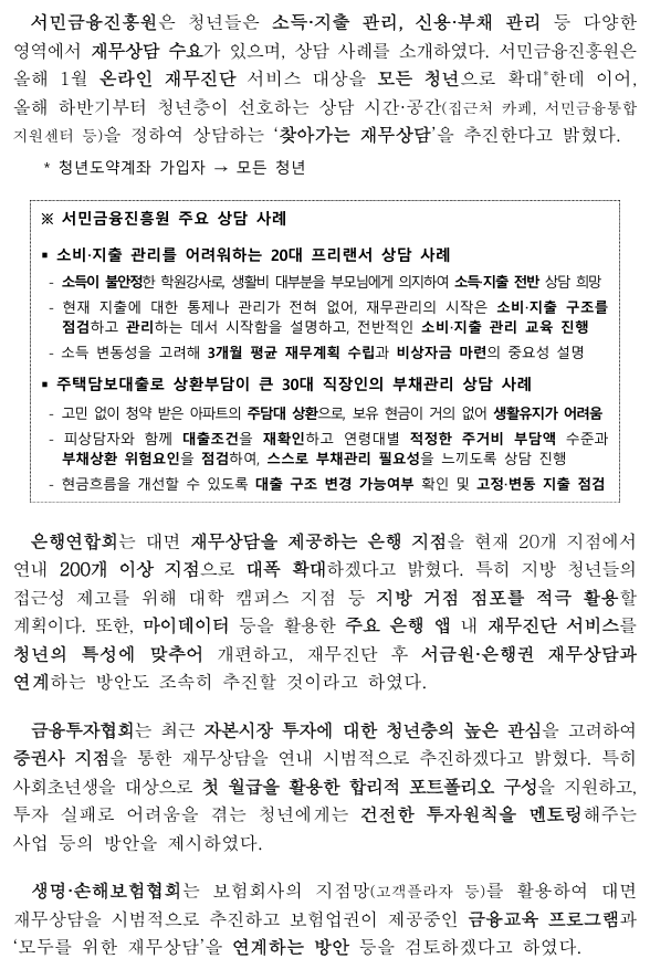 금융위원회, 모든 청년에게 재무상황(소득·자산·부채)에 따라 일대일 맞춤형으로 재무상담을 지원합니다.4