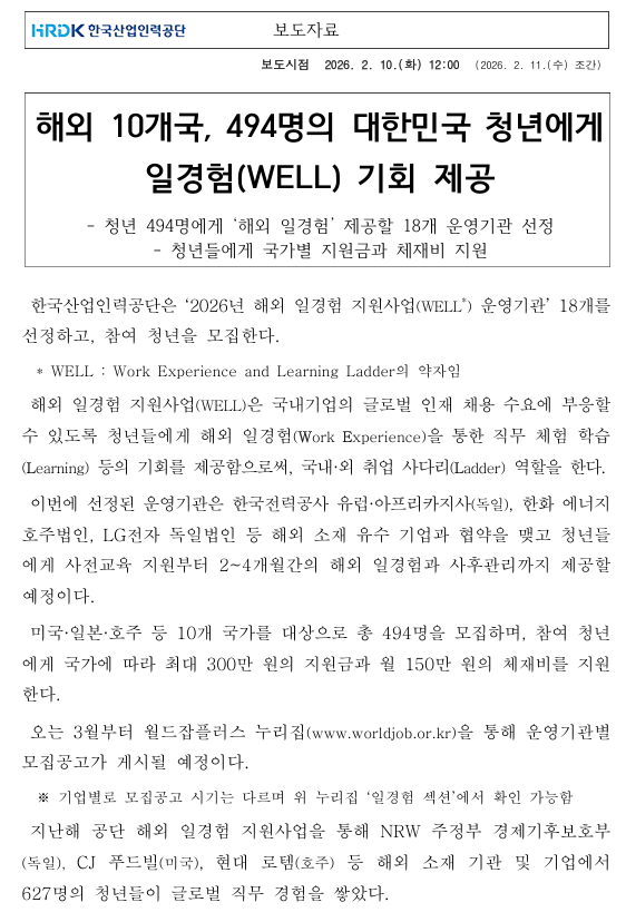 한국산업인력공단, 해외 10개국, 494명의 대한민국 청년에게 일경험(WELL) 기회 제공1