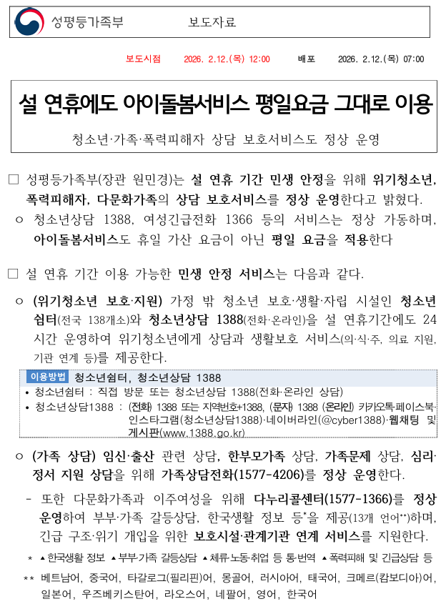 성평등가족부, 설 연휴에도 아이돌봄서비스 평일요금 그대로 이용1