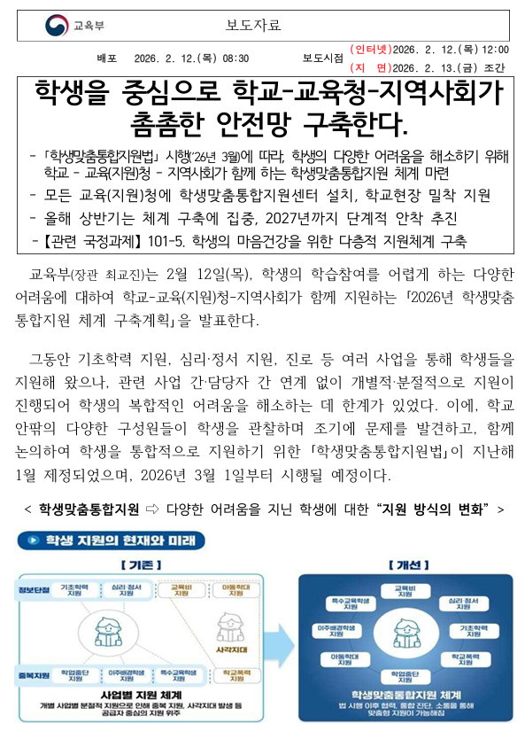 교육부, 학생을 중심으로 학교-교육청-지역사회가 촘촘한 안전망 구축한다.1