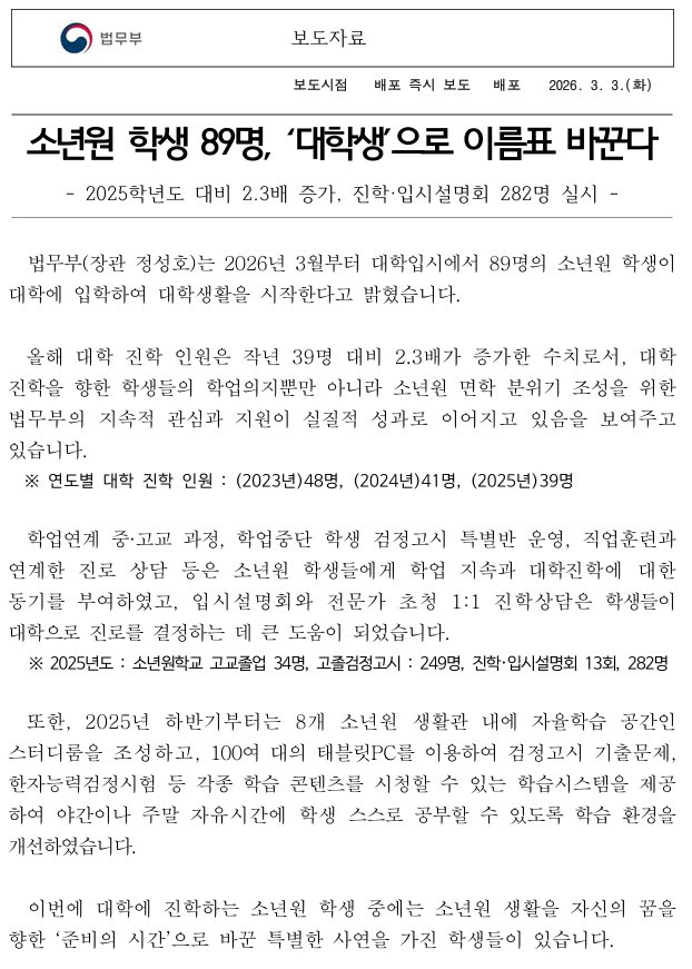 법무부, 소년원 학생 89명, 대학생으로 이름표 바꾼다1