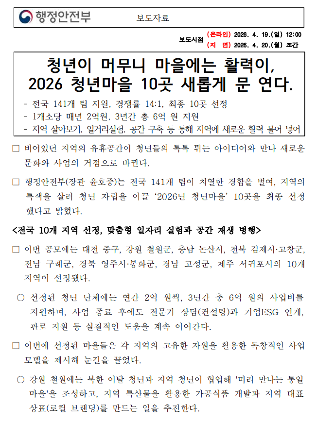 행정안전부, 청년이 머무니 마을에는 활력이, 2026 청년마을 10곳 새롭게 문 연다.1
